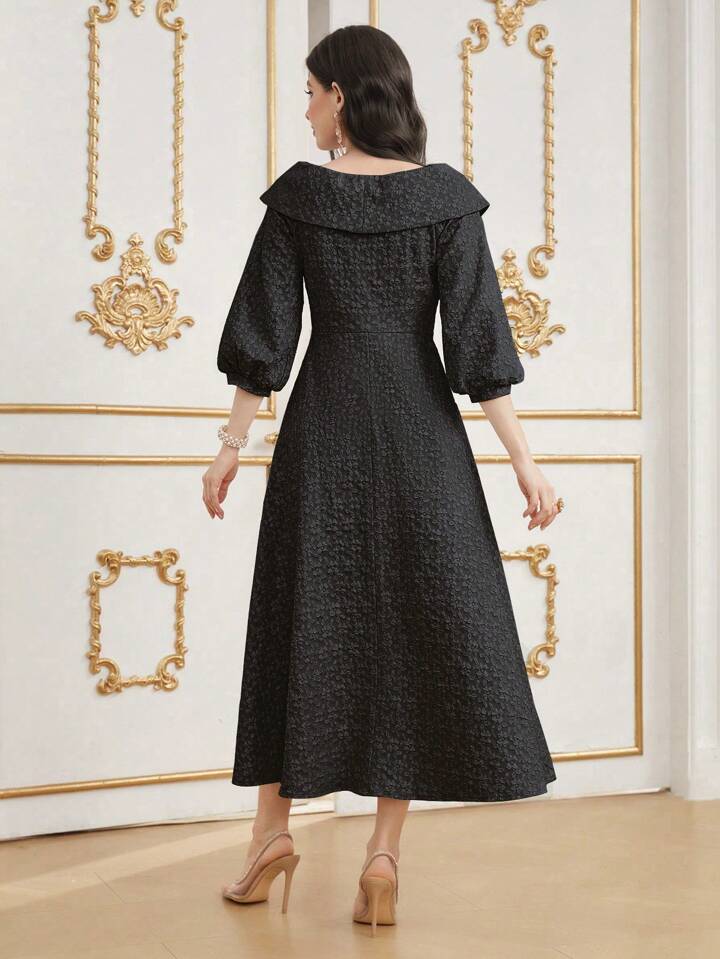CM-DS988448 Women Elegant SeouL Style V-neck 3/4 Lantern Sleeve A-Line Dress - Black