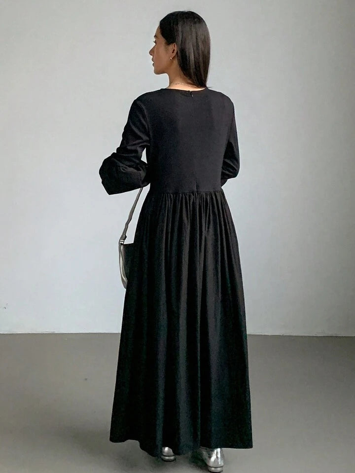 CM-DS465431 Women Casual Seoul Style Solid Color Round Neck Long Flare Sleeve Dress - Black