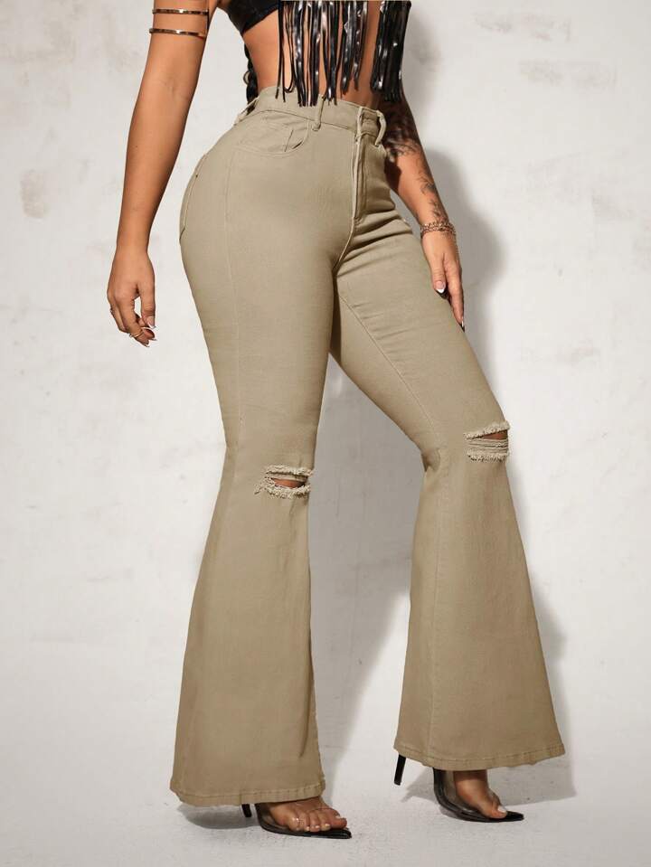 CM-BS938328 Women Casual Seoul Style Solid Color Frayed Hem Skinny Flared Jeans - Khaki