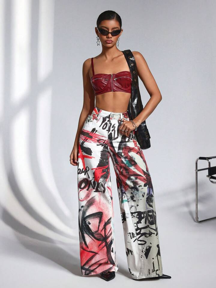 CM-BS645242 Women Casual Seoul Style Mid Waist All-Over Print Wide Leg Denim Long Pants