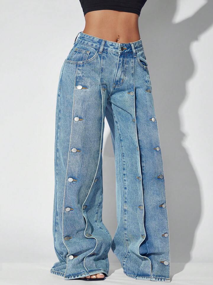 CM-BS439523 Women Casual Seoul Style Low Waist Loose Side Pocket Wide Leg Denim Jeans - Blue