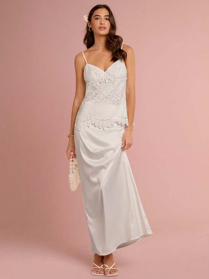 CM-TS216444 Women Elegant Seoul Style Lace Spaghetti Strap Cold Shoulder Cami Top - White