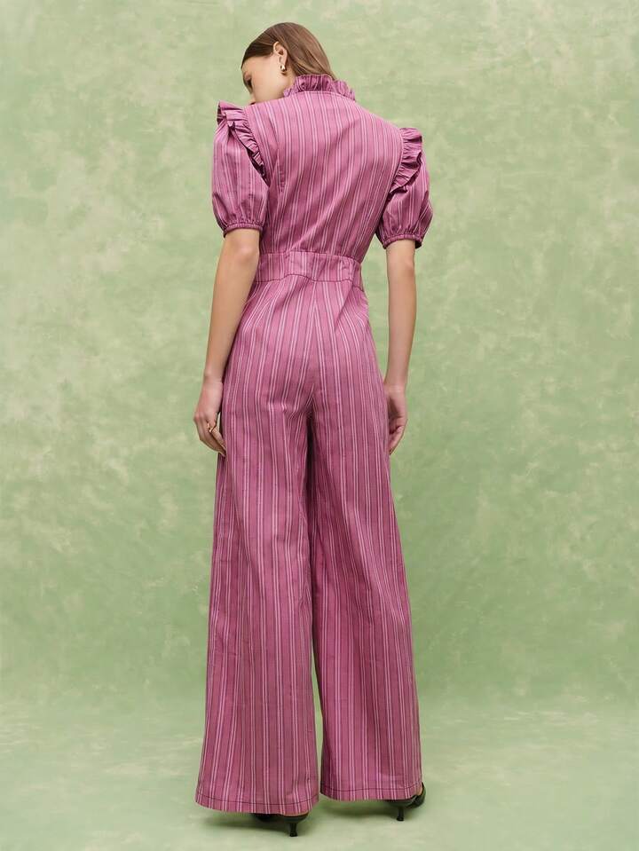 CM-JS310763 Women Casual Seoul Style Ruffled Collar Puff Sleeve Wide Leg Pinstripe Jumpsuit - Red