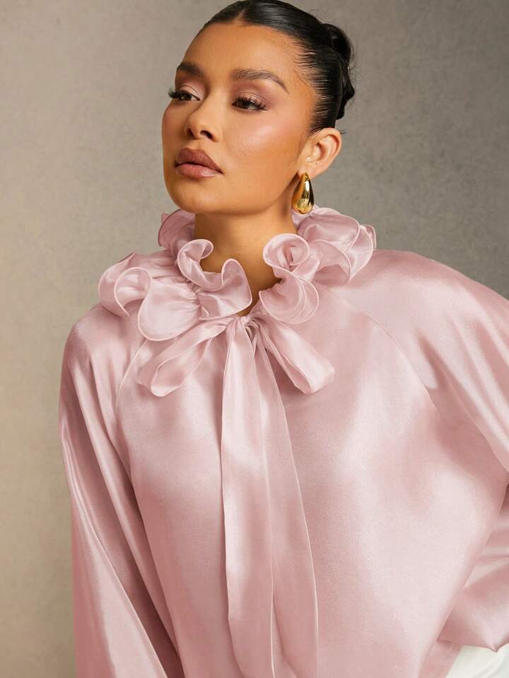 CM-TS725292 Women Elegant Seoul Style Solid Color Ruffle Trim Tie Neck Lantern Sleeve Blouse - Dusty Pink