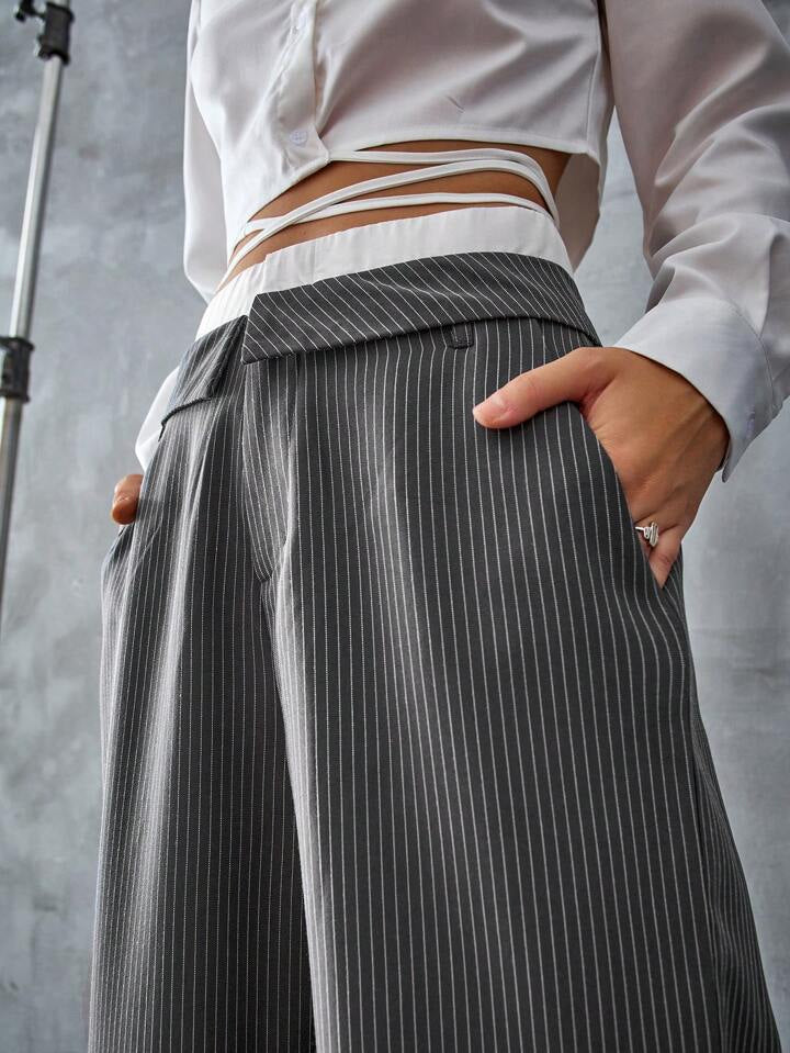 CM-BS483747 Women Casual Seoul Style Colorblock High Waist Wide-Leg Striped Pants