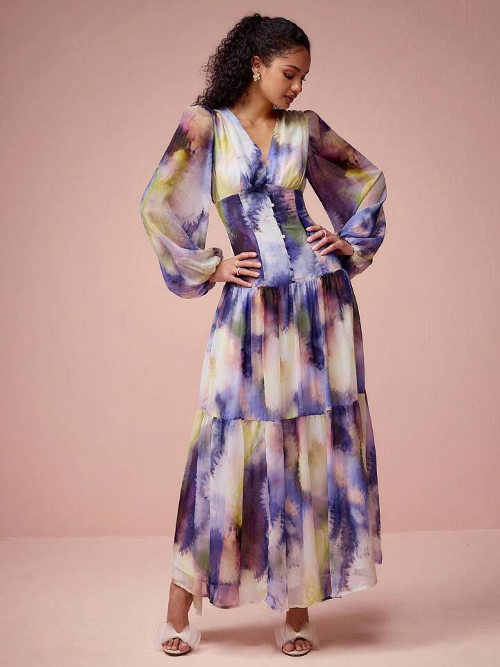 CM-DS748264 Women Elegant Seoul Style V-Neck Lantern Sleeve Dye Print A-Line Maxi Dress