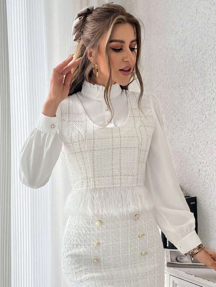 CM-TS785705 Women Elegant Seoul Style Plaid Pattern Fringe Hem Button 2 In 1 Blouse - White