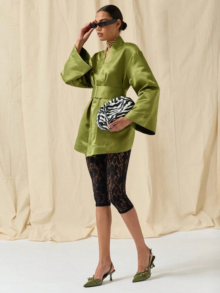 CM-DS756020 Women Elegant Seoul Style Solid Color Deep V-Neck Bell Sleeve Mini Dress - Olive Green