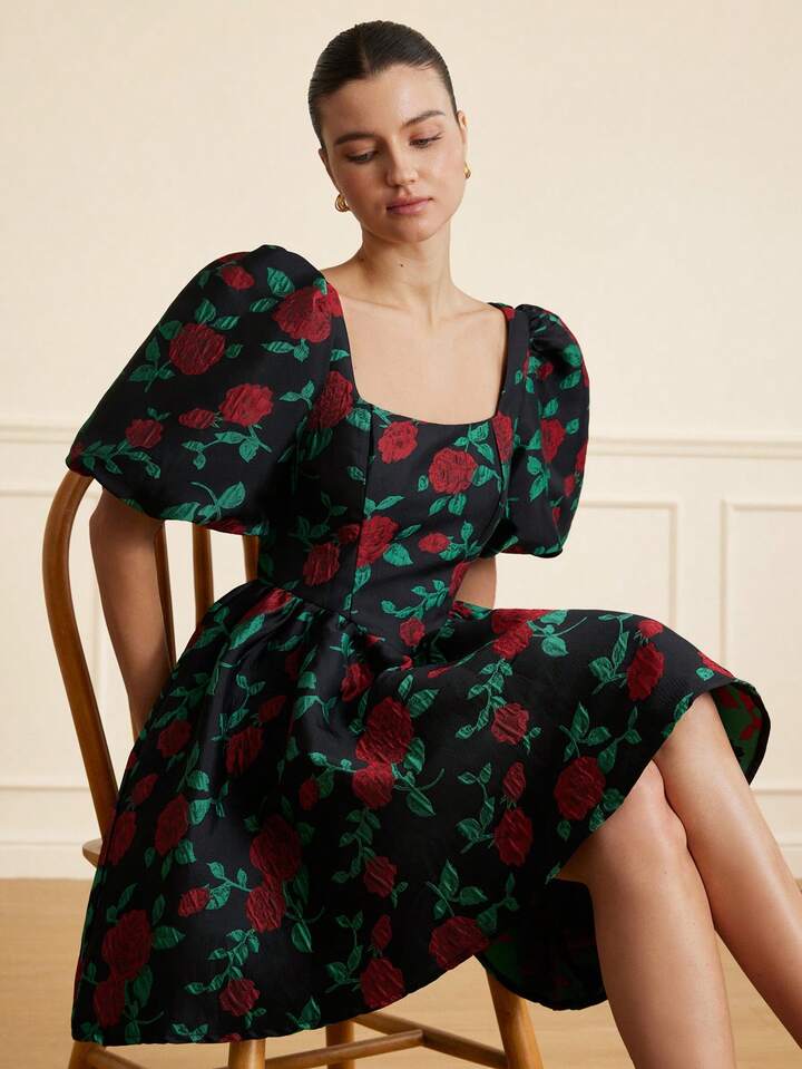 CM-DS647648 Women Elegant Seoul Style Contrast Color Floral Jacquard Square Collar Puff Sleeve Short Dress