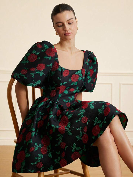 CM-DS647648 Women Elegant Seoul Style Contrast Color Floral Jacquard Square Collar Puff Sleeve Short Dress