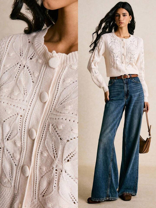 CM-CS434479 Women Casual Seoul Style Round Neck Long Sleeve Hollow Out Button Front Loose Knitted Cardigan