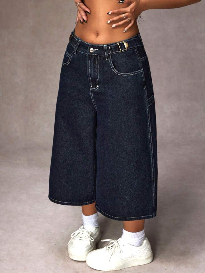CM-BS097273 Women Casual Seoul Style Pocketed Wide Leg Loose Capri Denim Jeans - Blue