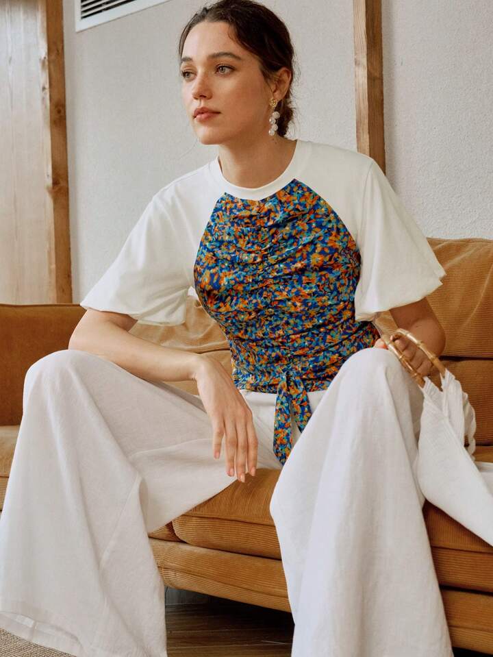 CM-TS240034 Women Casual Seoul Style Round Neck Floral Print Pachwork Puff Sleeve Bowknot T-Shirt