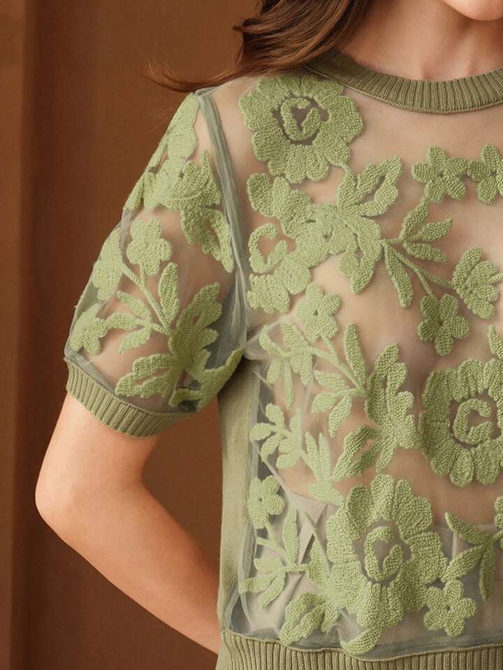 CM-TS717099 Women Casual Seoul Style Floral Mesh Round Neck Short Sleeve Knit Top - Army Green