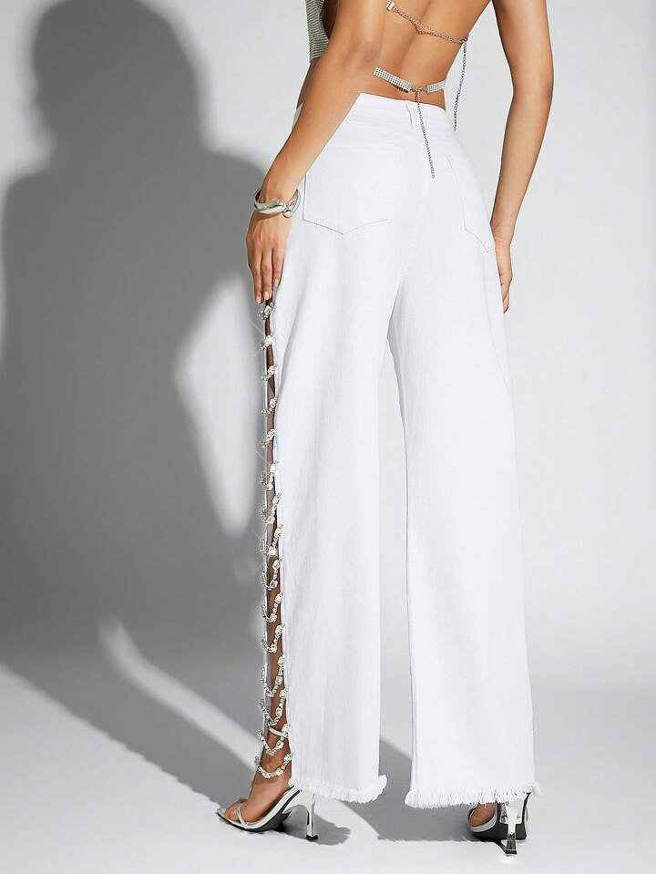 CM-BS219091 Women Casual Seoul Style Rhinestone Embellished Pockets Hollow Out Loose Fit Jeans