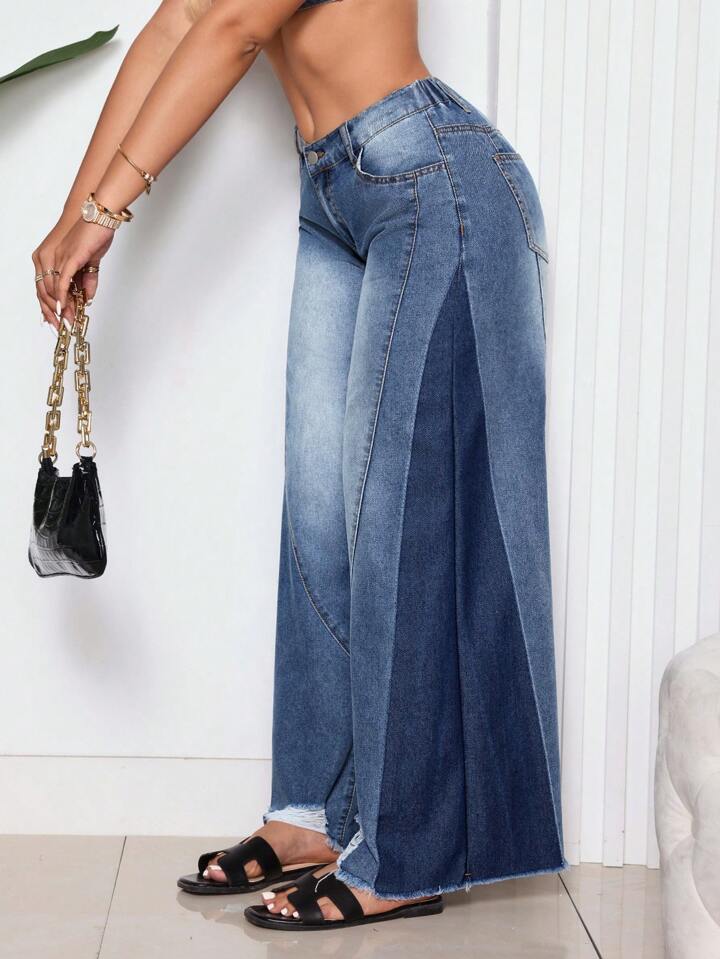 CM-BS102781 Women Casual Seoul Style Loose Fit Pocket Button Front Patchwork Denim Pants