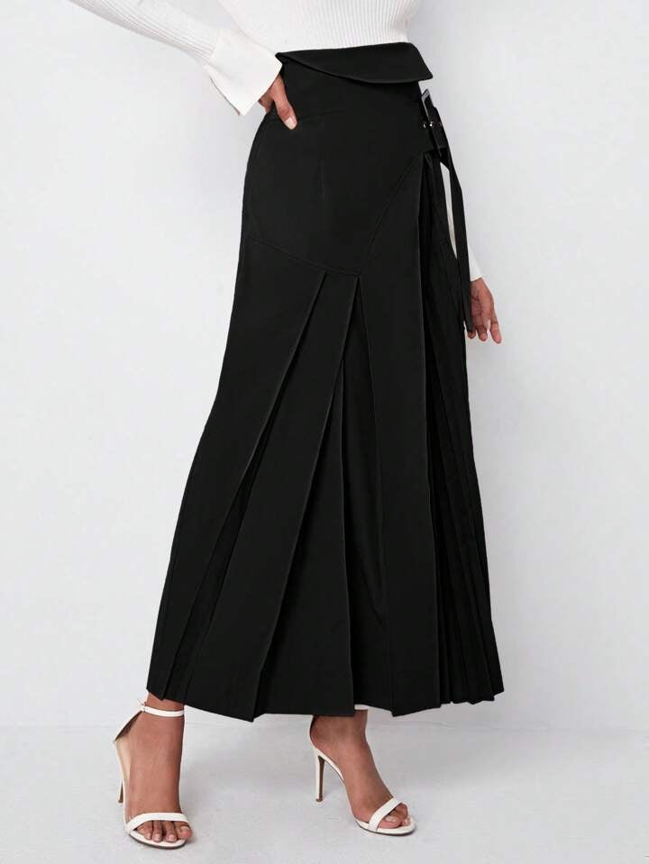 CM-BS293192 Women Elegant Seoul Style High Waist Buckle Strap Pleated Skirt - Black