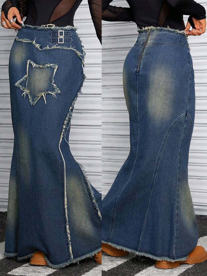CM-BS734918 Women Casual Seoul Style Medium Wash Drop Waist Frayed Hem Denim Mermaid Skirt