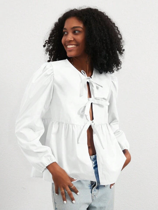 CM-TS961973 Women Casual Seoul Style Print Ruffle Hem Tie Long Sleeve Shirt - White