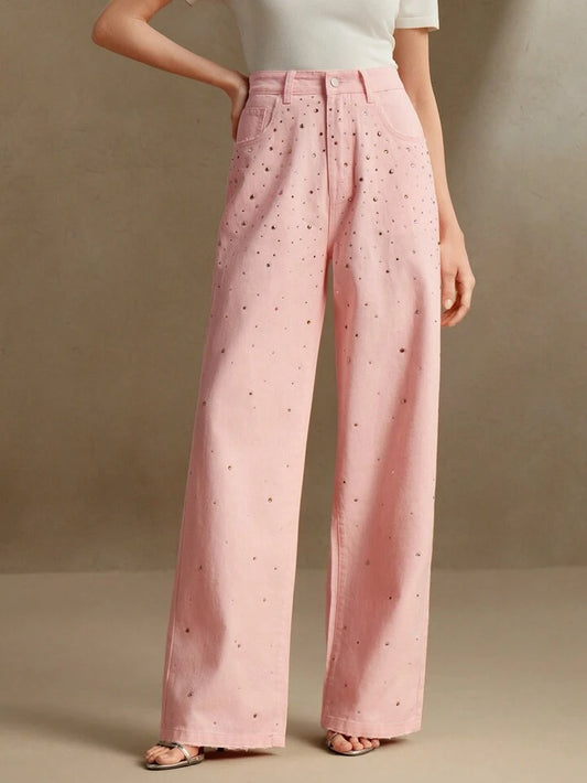 CM-BS806583 Women Casual Seoul Style Mid Waist Rhinestoned Decor Straight Leg Jeans - Pink