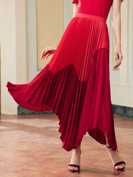 CM-BS688215 Women Elegant Seoul Style Mid Waist Colorblock Pleated Asymmetrical Satin Hem Skirt - Red