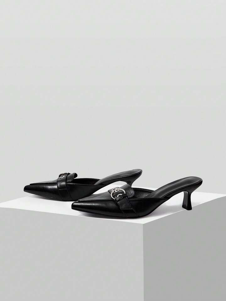 CM-SHS472346 Women Trendy Seoul Style Pointed Toe Buckle Design High Heel Mules - Black