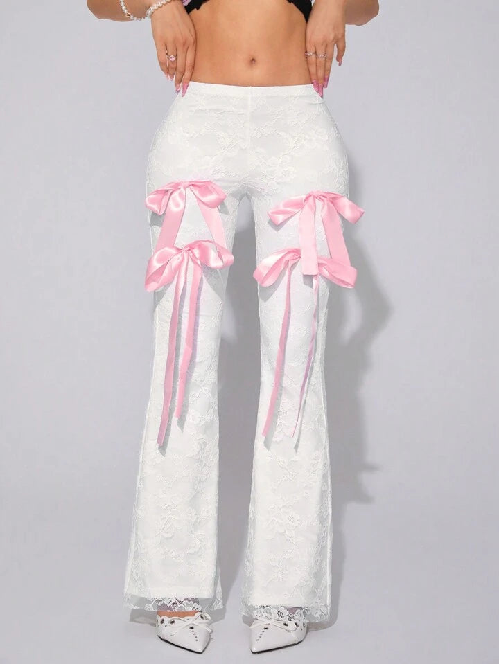 CM-BS702306 Women Elegant Seoul Style Lace Splicing Bowknot Adorned Slim Fit Flared Pants