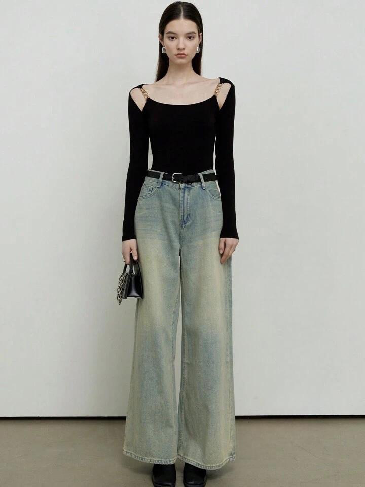 CM-TS175782 Women Casual Seoul Style Chain Strap Off-The-Shoulder Knitted Long-Sleeved T-Shirt