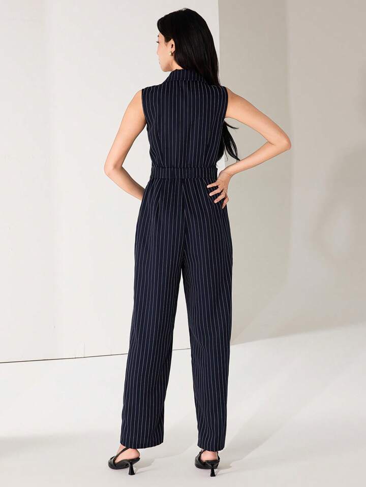 CM-JS761837 Women Elegant Seoul Style Blazer Collar Sleeveless Striped Jumpsuit - Navy Blue