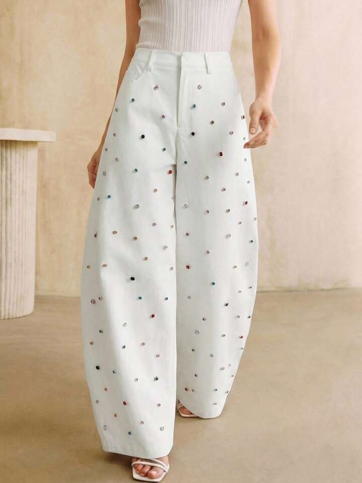 CM-BS763830 Women Elegant Seoul Style Mid Waist Colorful Rhinestone Decor Flared Pants - White