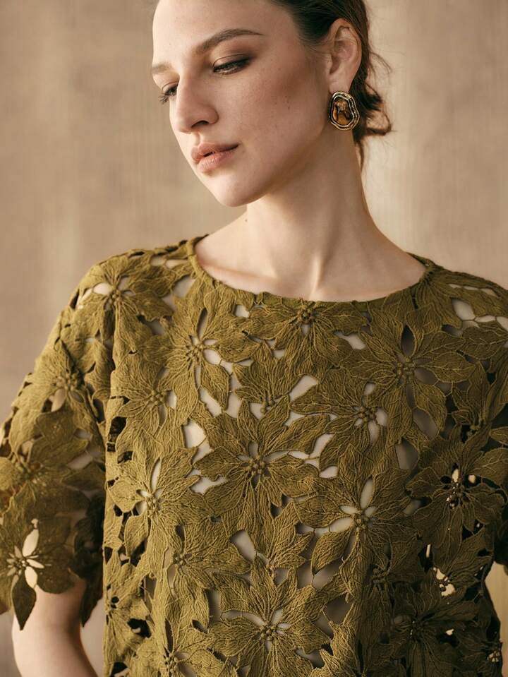 CM-TS431295 Women Trendy Bohemian Style Embroidered Round Neck Short Sleeve Top - Green