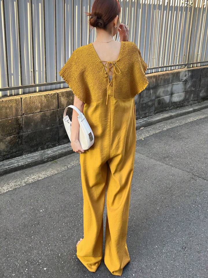 CM-JS619411 Women Trendy Bohemian Style V-Neck With Drawstring Jumpsuit Trousers - Yellow