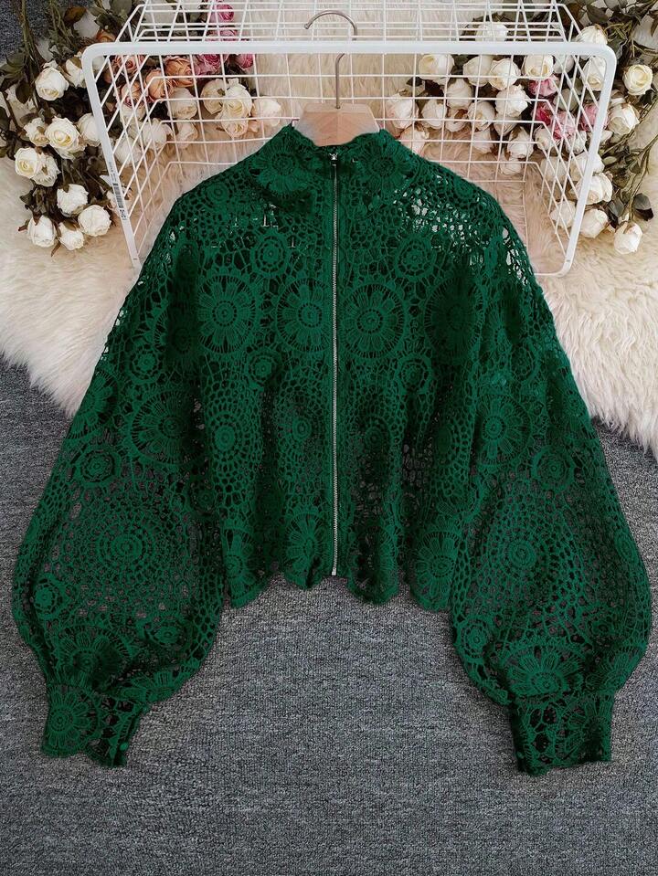 CM-TS166566 Women Casual Seoul Style Floral Lace Hollow Zipper Front Long Sleeve Blouse - Dark Green
