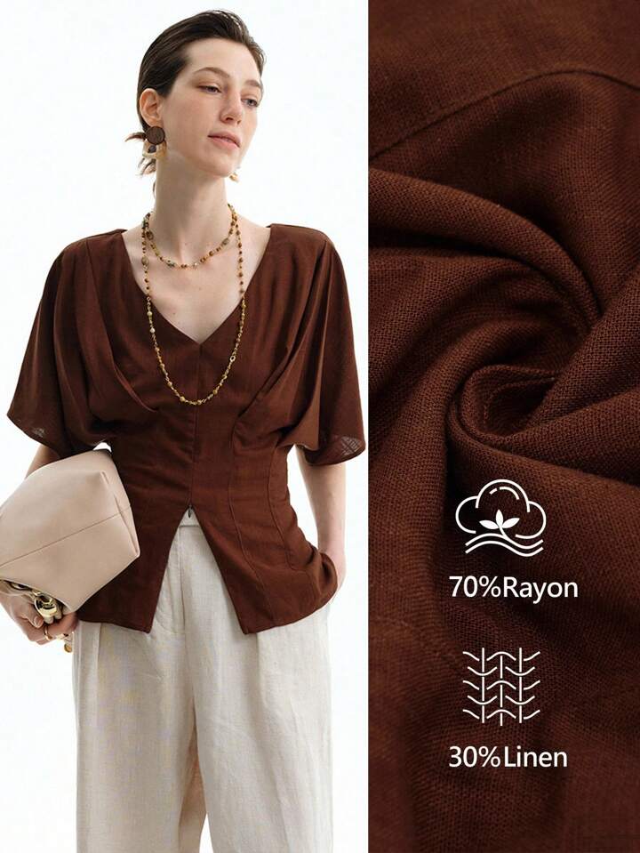 CM-TS441994 Women Casual Seoul Style Solid Color Linen V-Neck Gathered Fitted Raglan Sleeve Front Center Slit Blouse