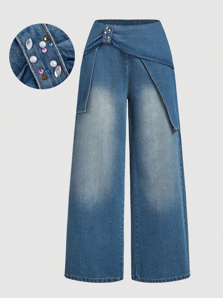 CM-BS157443 Women Casual Seoul Style Rhinestone Accent Washed Loose Wide-Leg Jeans - Blue