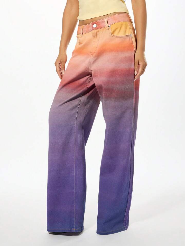CM-BS097026 Women Casual Seoul Style Ombre Gradient High Waisted Wide Leg Denim Jeans