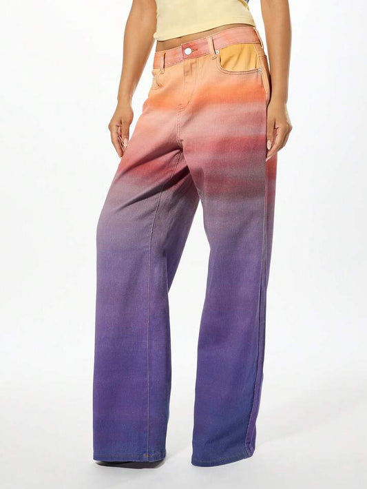 CM-BS097026 Women Casual Seoul Style Ombre Gradient High Waisted Wide Leg Denim Jeans