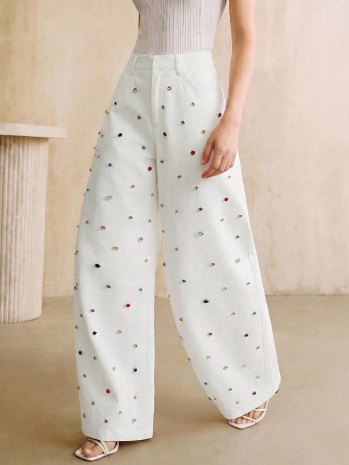 CM-BS763830 Women Elegant Seoul Style Mid Waist Colorful Rhinestone Decor Flared Pants - White