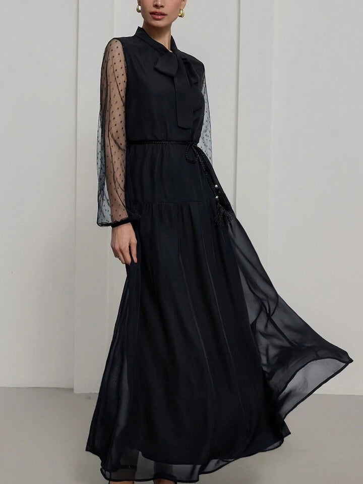 CM-DS100052 Women Elegant Seoul Style Patchwork Polka Dot Mesh Tassel Decor Bow Tie Detail Long Dress