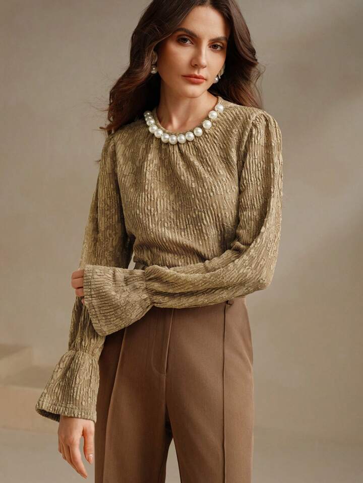 CM-TS591242 Women Elegant Seoul Style Pearl Collar V-Neck Bell Sleeve Textured Blouse Top - Khaki