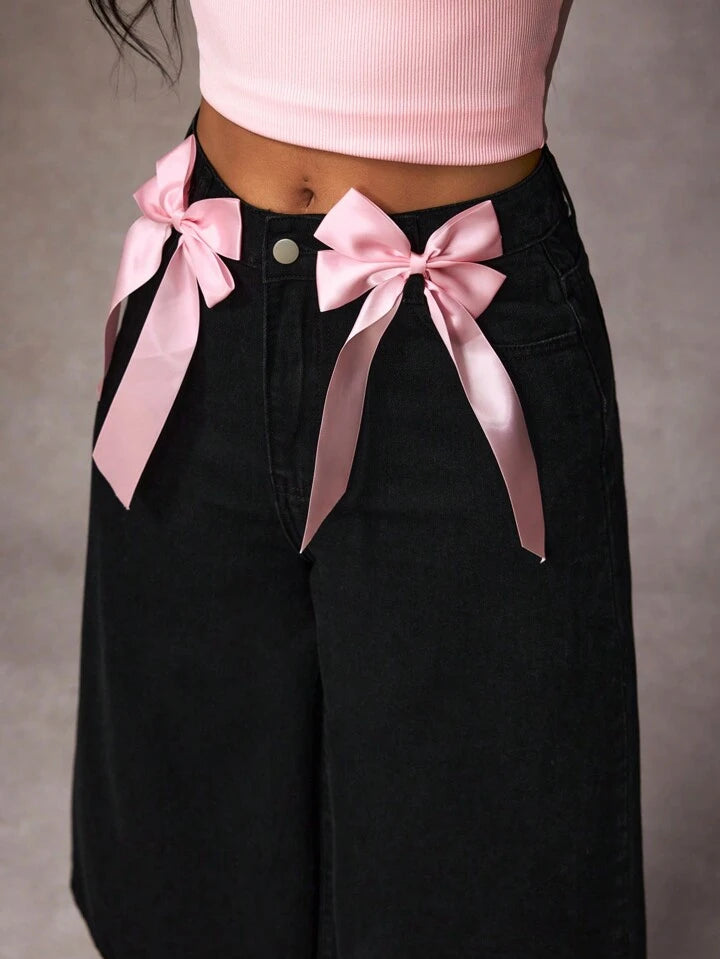 CM-BS596463 Women Casual Seoul Style Bow Tie Decor Color Block Pockets Loose Denim Jeans - Black