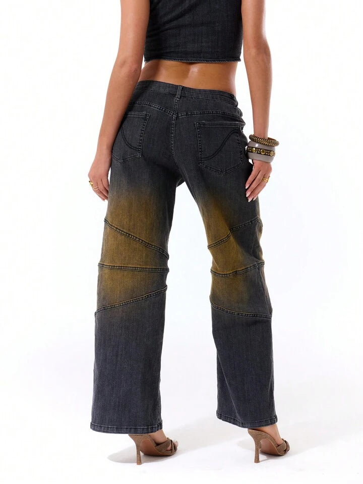 CM-BS409499 Women Casual Seoul Style Drop Waist Extra Long Panel Detail Wide Leg Jeans