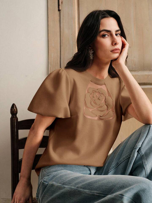 CM-TS128483 Women Elegant Seoul Style Embroidered Rose Round Neck Short Puff Sleeve T-Shirt - Coffee Brown