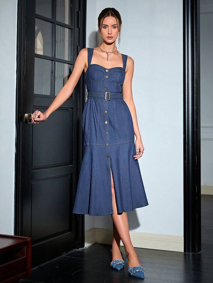 CM-DS979228 Women Elegant Seoul Style Front Button Mid-Length Mermaid Hem Cami Dress - Blue