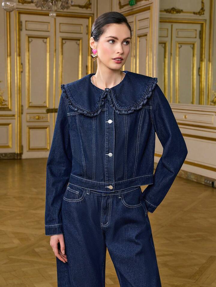 CM-CS053813 Women Casual Seoul Style Lapel Frill Trim Long Sleeve Loose Denim Jacket - Blue