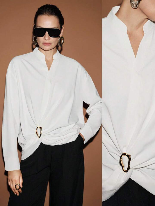 CM-TS859998 Women Casual Seoul Style Deep V-Neck Twist Design Long Sleeve Blouse - White