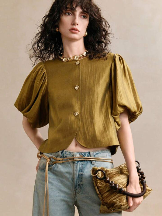 CM-TS013428 Women Elegant Seoul Style Satin Round Neck Puff Sleeve Golden Metal Button Decor Blouse