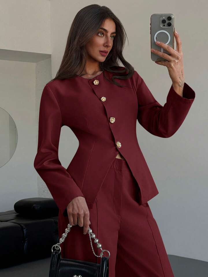 CM-SS012207 Women Elegant Seoul Style Slim Fit Round Neck Long Sleeve Top With Floor-Length Straight Leg Pants - Set