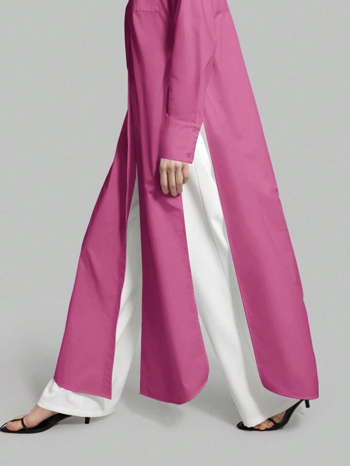 CM-TS834374 Women Casual Seoul Style Shirt Collar Long Sleeve Front Button High Slit Long Shirt - Purple