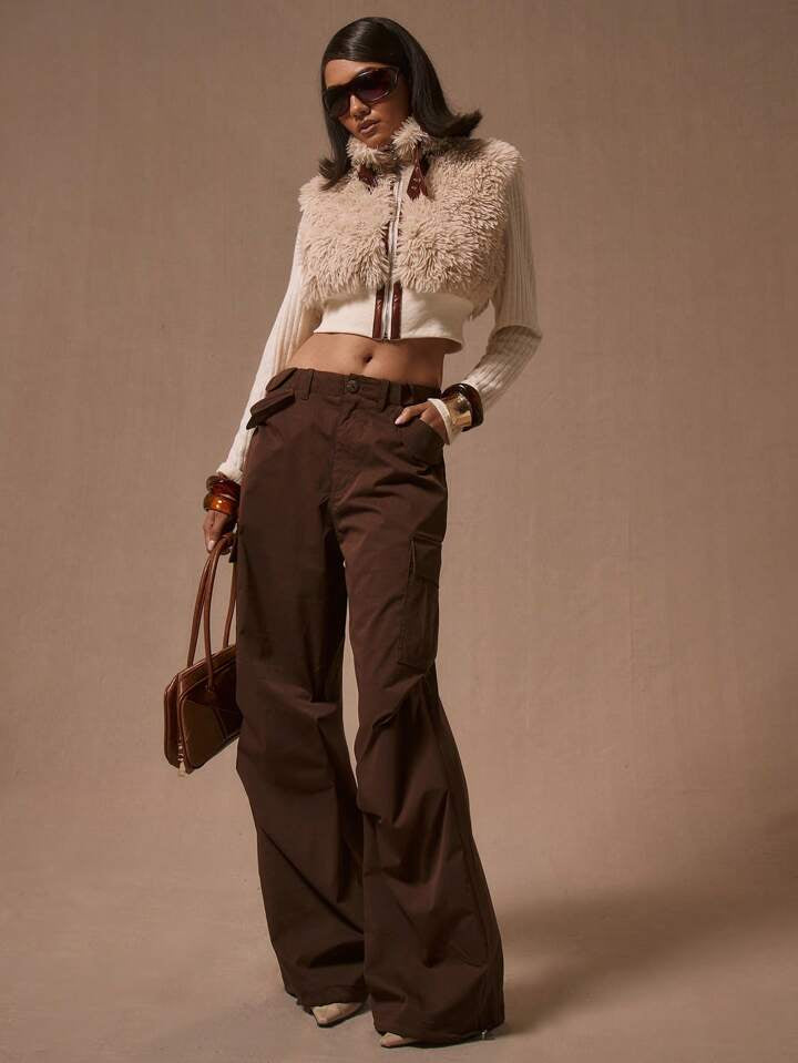 CM-BS387973 Women Casual Seoul Style Low Waist Wide Leg Cargo Trousers - Chocolate Brown